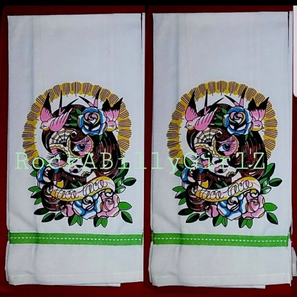 Sourpuss 2pc Hand Towels Lil Lila Sugar Skull Day Dead Tattoo Flash w Green Trim